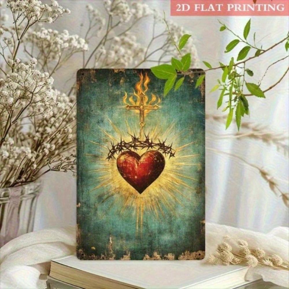 Metal Poster Sacred Heart Jesus Religious Wall Art 12x8 Inch Home Decor