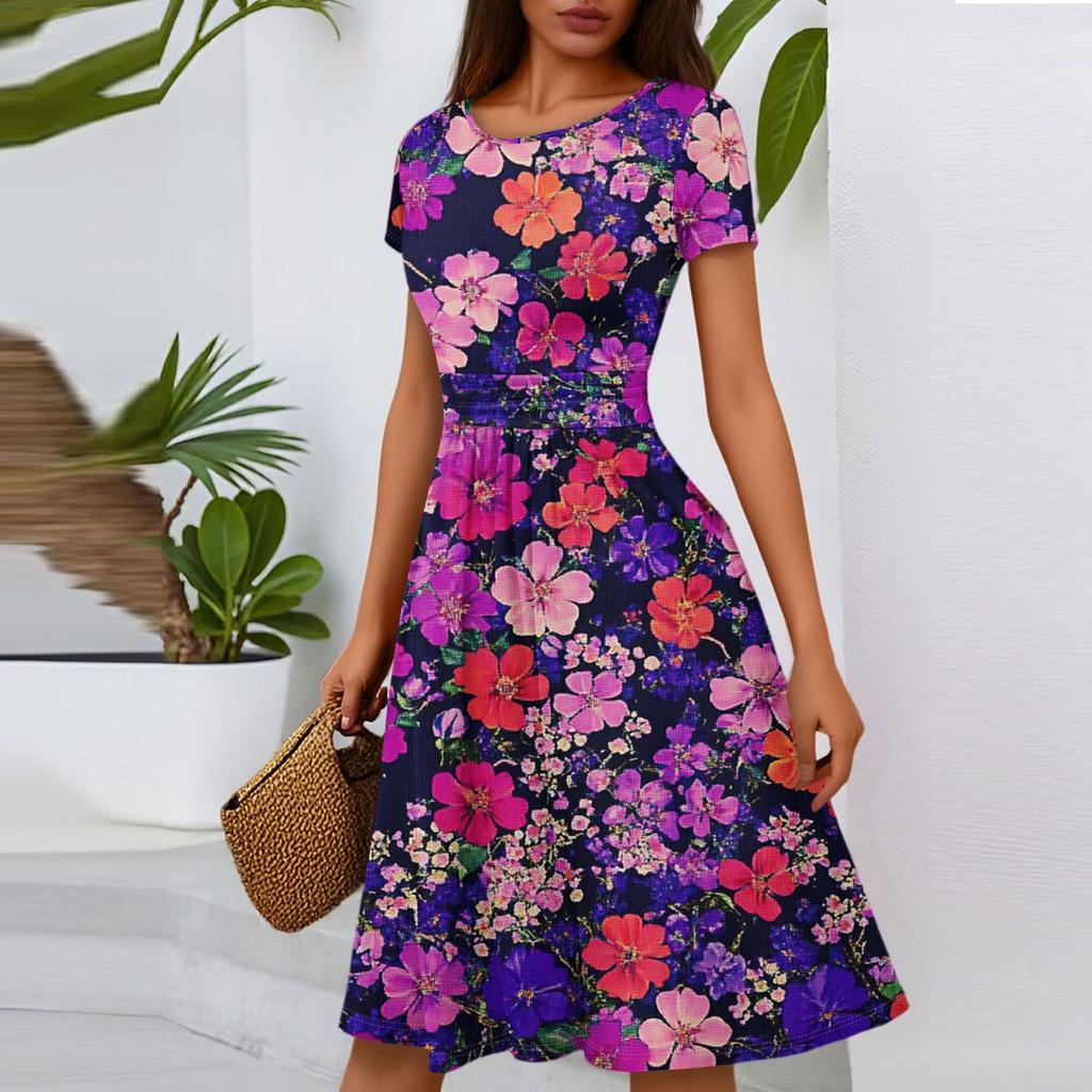 Women's Casual Fashion Round Neck Pleated Short Sleeve Floral Print A-Line Midi Dress