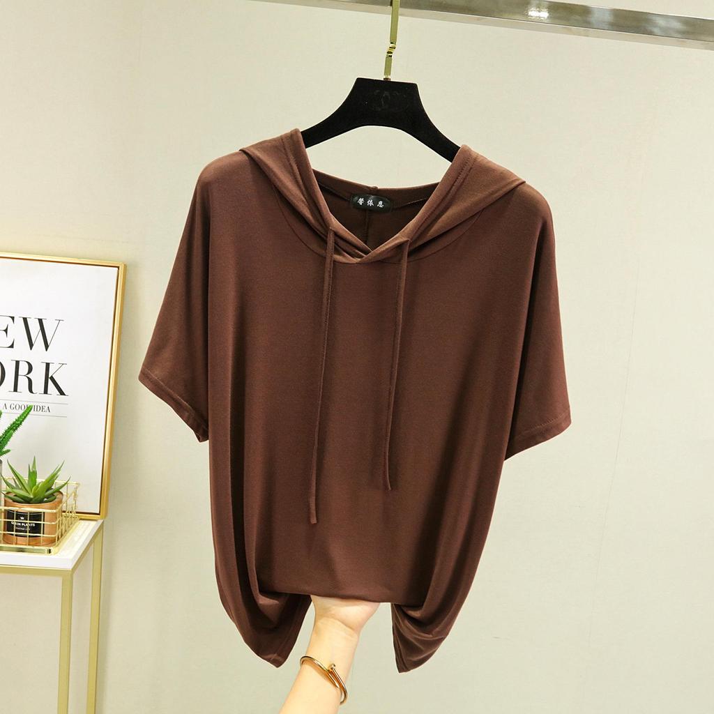 T-shirt à capuche manches courtes en modal pour femme Printemps/Été - Haut de base léger coupe ample