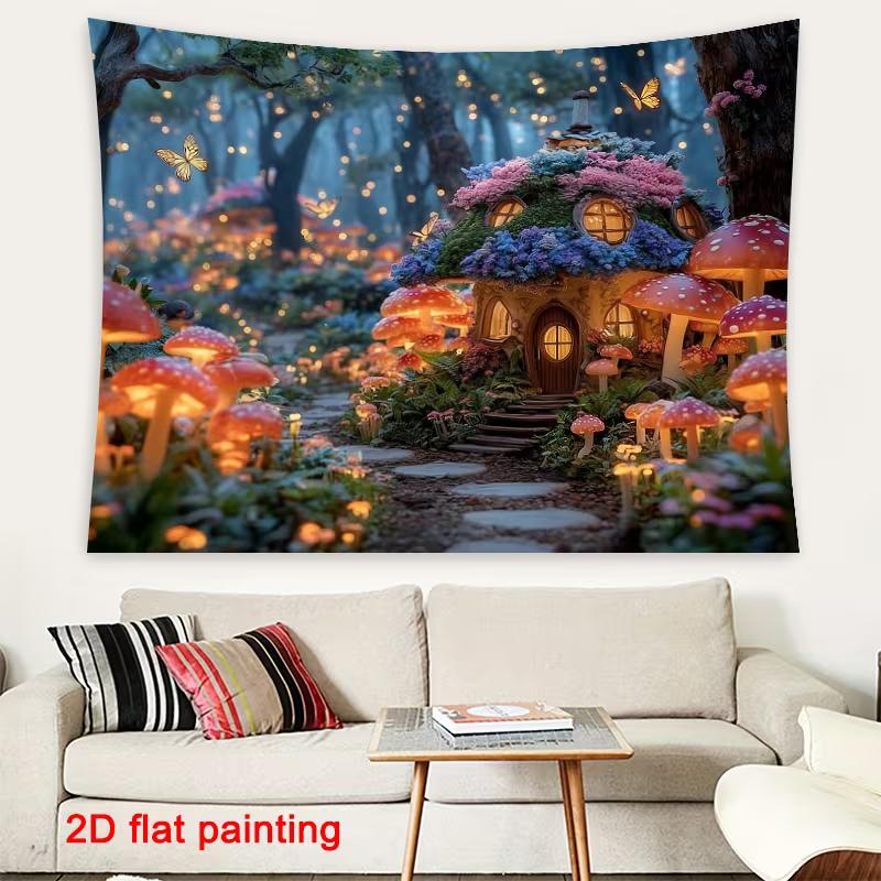 2D Dreamy Enchanted Forest Backdrop, Magical Mushroom House & Butterflies Art