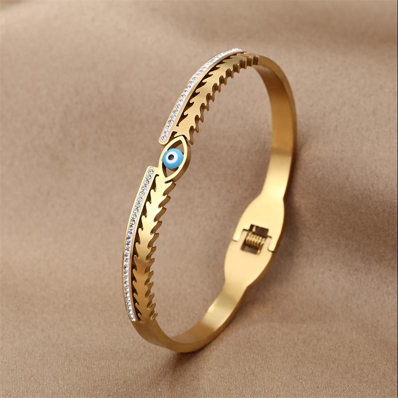 Stainless Steel Turkish Lucky Evil Eyes Open Bracelet For Women Gold Plated Crystal Zircon Open Bangle Party Waterproof Jewelry