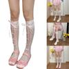 Meia Feminina Estilo Ballet Laço de Fita Meia Aberta Renda Listrada Fishnet Buracos Fishnet Longa Comprimento do Joelho