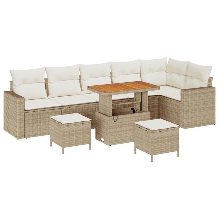 Ensemble de 9 pièces de canapés de jardin vidaXL avec coussins en rotin poly beige acacia 3361636