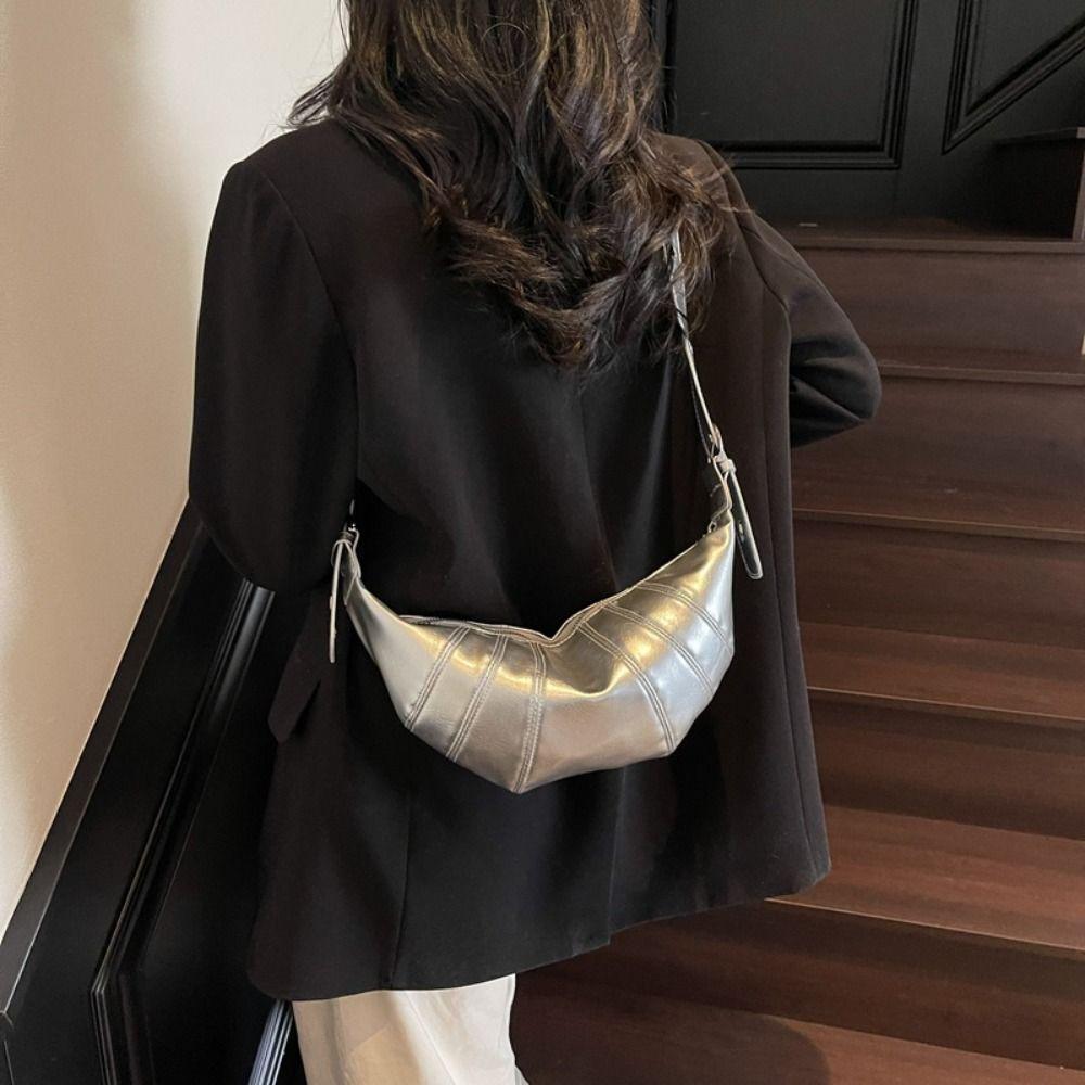 Black Croissant Bag Silver Crossbody Bag Simple PU Dumplings Bag  Gift