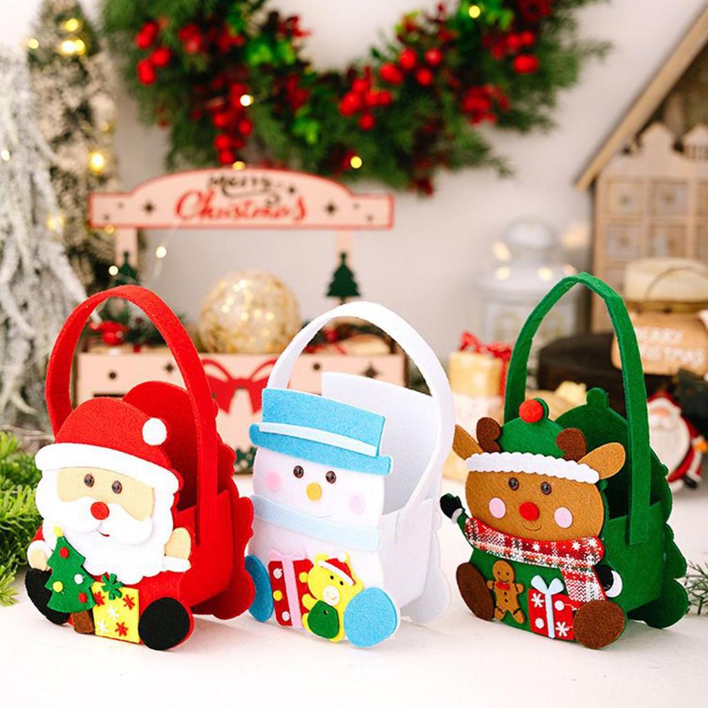 Christmas Treat Bags 3 Pieces Christmas Party Favor Bags With Handle Holiday-themed Fabric Basket For Candy Cookie Popcorn Snack