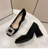 French Rhinestone Square Head Thick Heel Single Shoes Women's 2025 Spring and Autumn New Fashion Versatile Soft Leather Shallow Mouth Temperament Mid