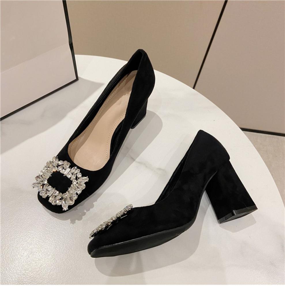 French Rhinestone Square Head Thick Heel Single Shoes Women's 2025 Spring and Autumn New Fashion Versatile Soft Leather Shallow Mouth Temperament Mid