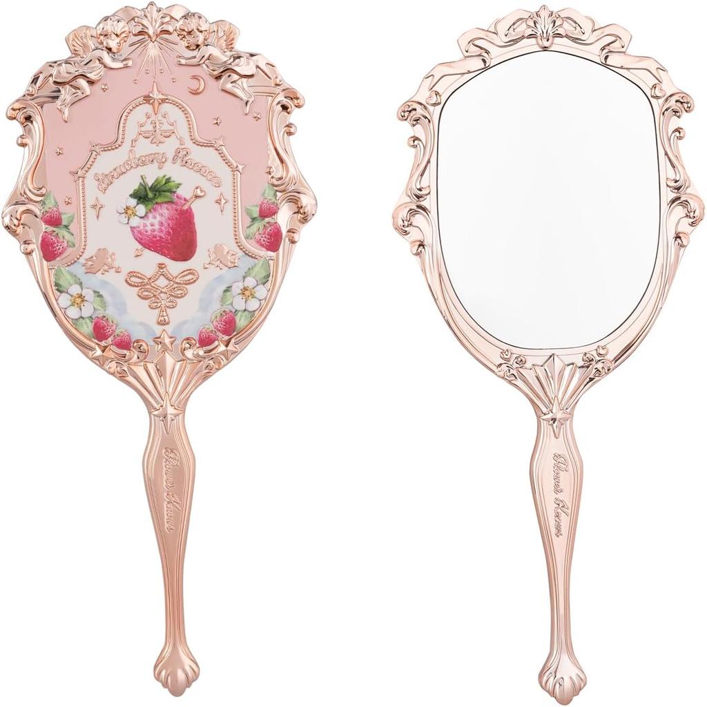 Flower Knows Strawberry Cupid Hand Mirror,Vintage Handheld Mirror,Fancy & Pretty Princess Mirror with Long Handle,Gift for Girls & Women(Milk Pink)