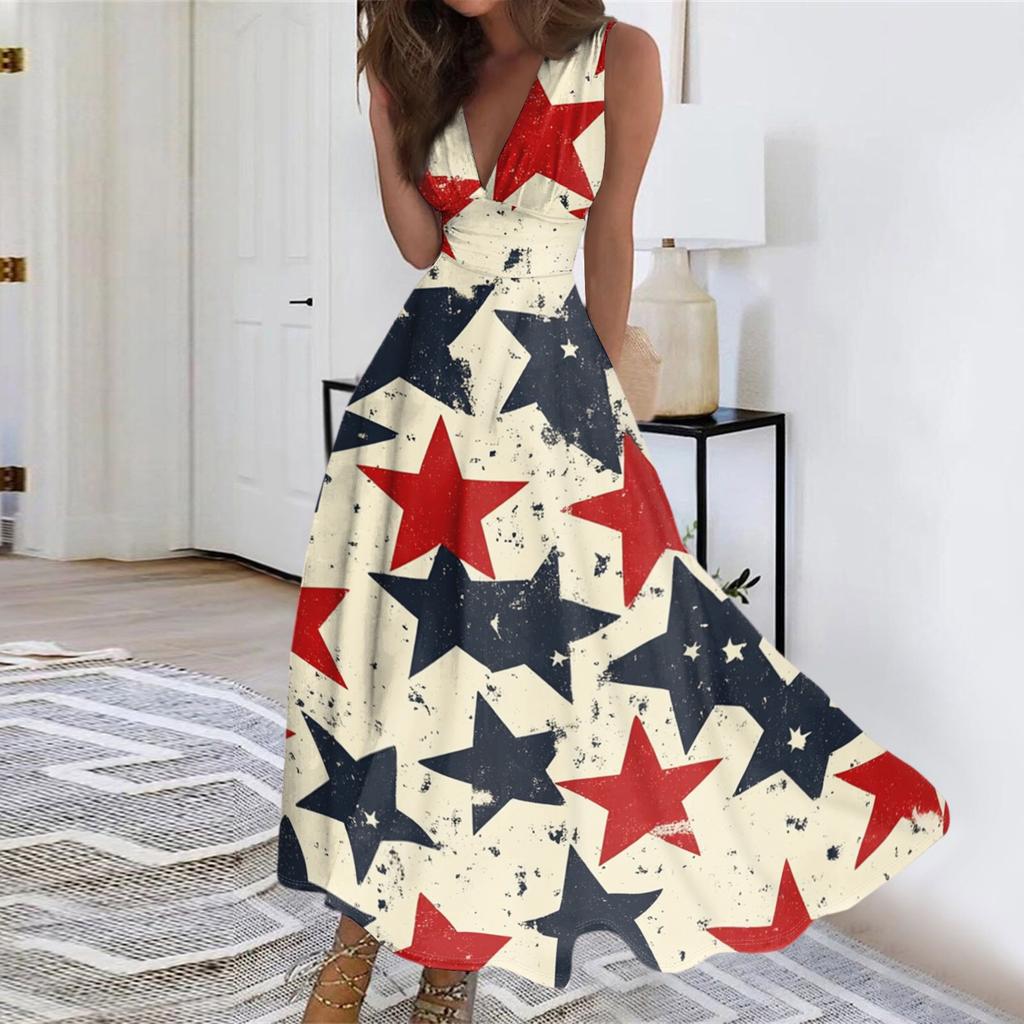 Women's Casual And Fashionable Independence Day Printed V-Neck Sleeveless Dress Dress