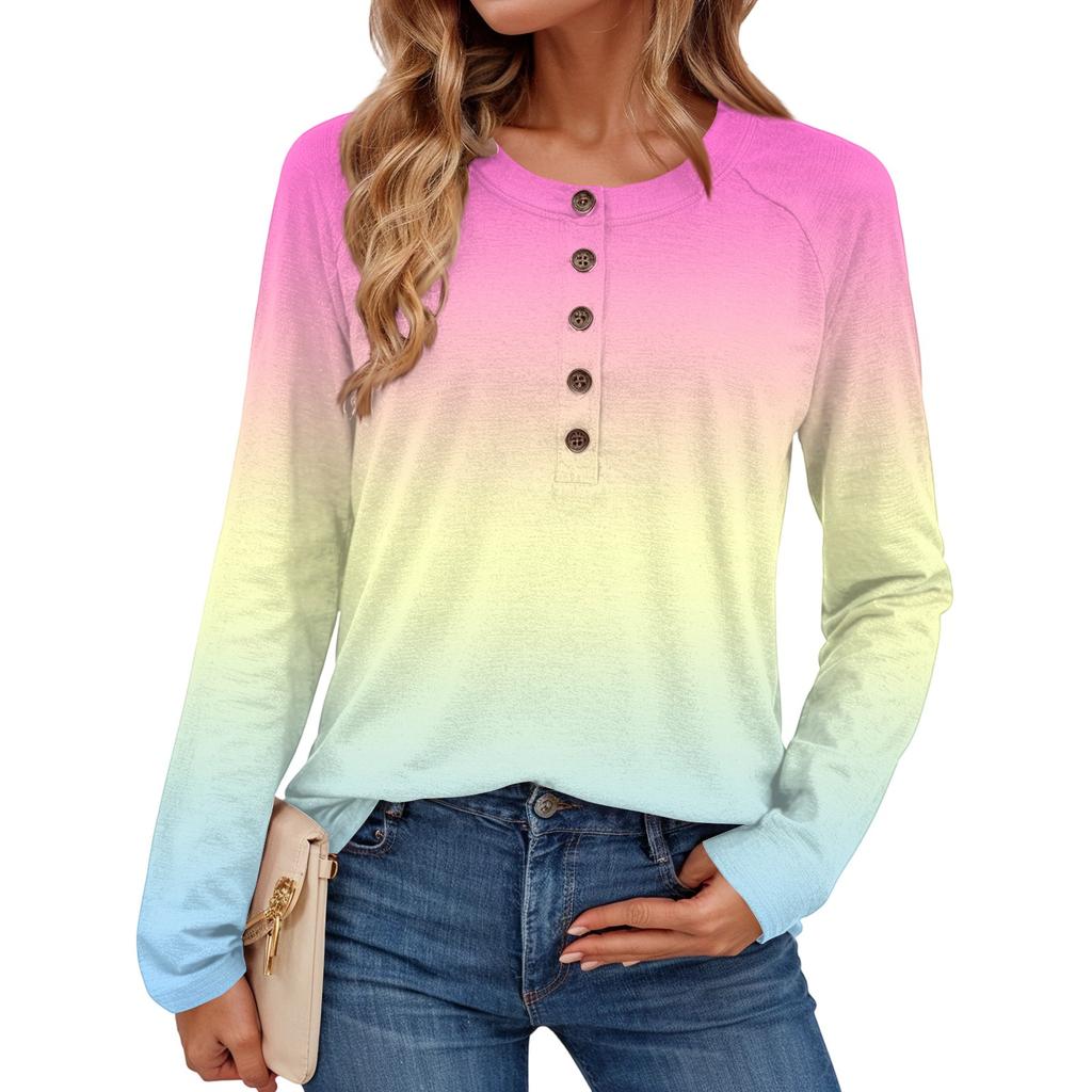 Women's Fashionable Gradient Print Round Neck Long-sleeved Top