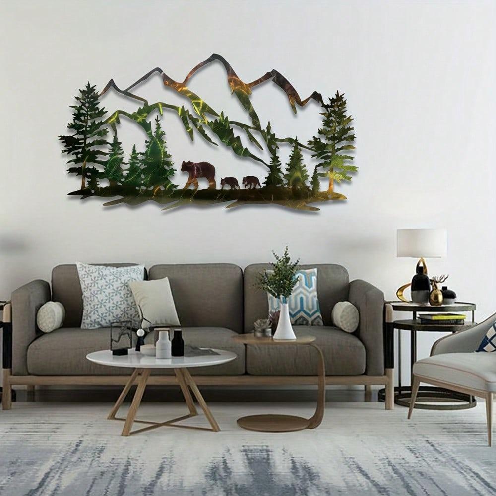 Metal Forest Wall Art Bear and Mountain Silhouette, Iron Home Decor, Indoor Outdoor Garden Decoration, Housewarming Gift
