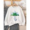 Kids Unisex Crewneck Sweatshirt, Cartoon Green Umbrella With Rain Drops Print Soft Fleece Pullover For Kids Over 4 Years Old
