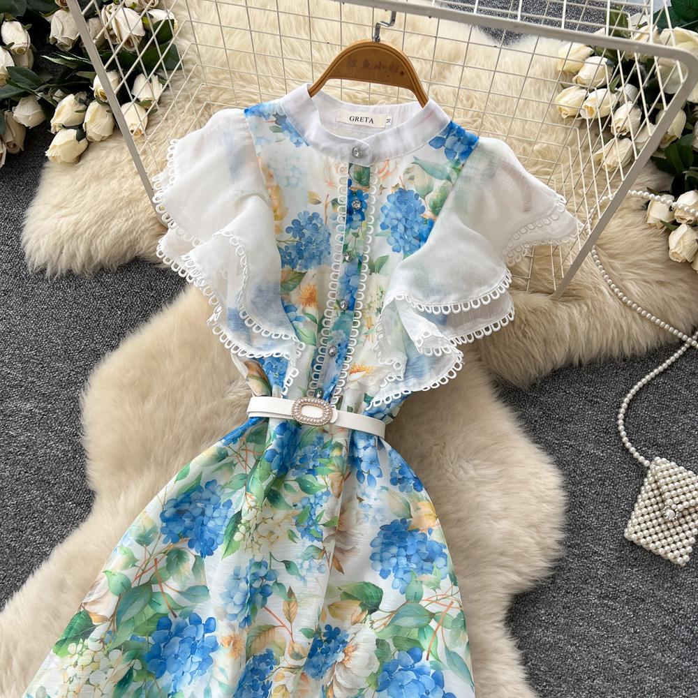 Vacation style V-neck lace-up waist printed dress women's summer new lotus leaf sleeves slim temperament commuter dress