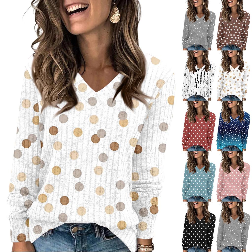 Women's Fashionable Oversized V-Neck T-Shirt With Polka Dot Print Long-Sleeved Pullover Top
