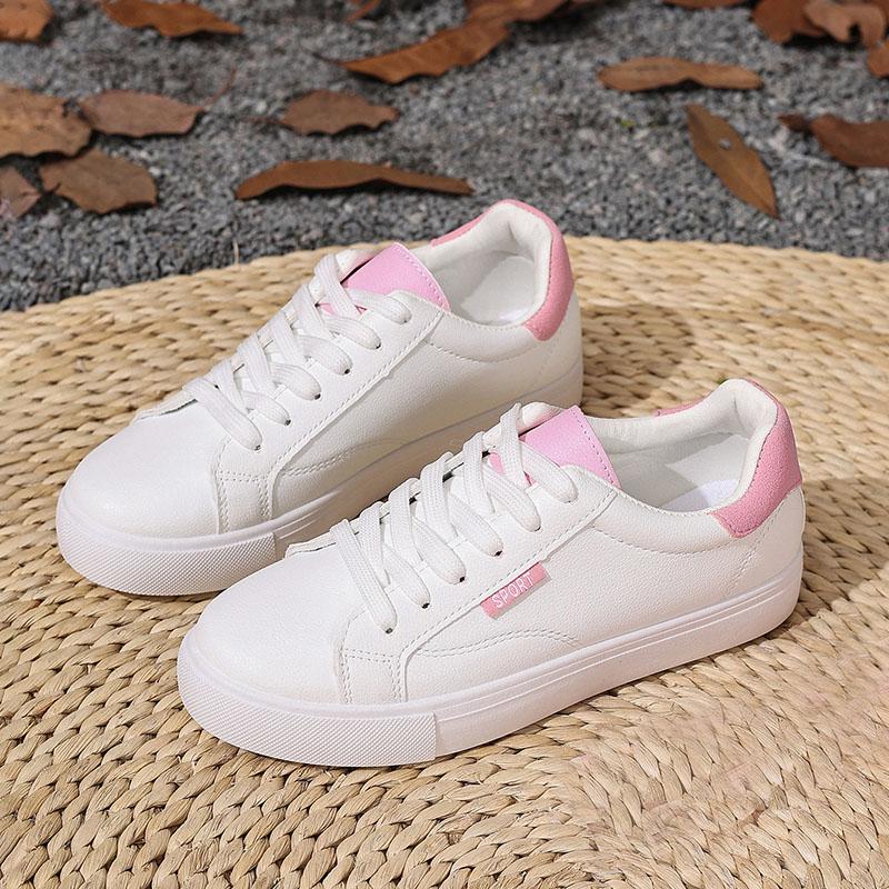 Comemore White Shoes Women's Spring Autumn Flat Bottom Leather Sneakers Casual Lace Up Students College Style Board Shoes Female