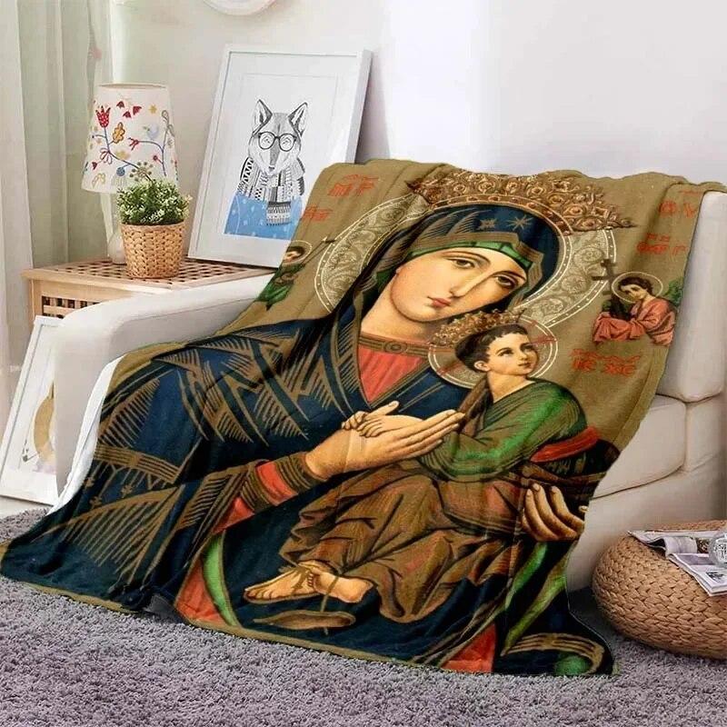 Virgin Mary Flannel Blanket Fluffy Lightweight Fleece Throw Blanket Comfort Soft Warm Baptism Cozy Nursery Bedding Decor Bedroom