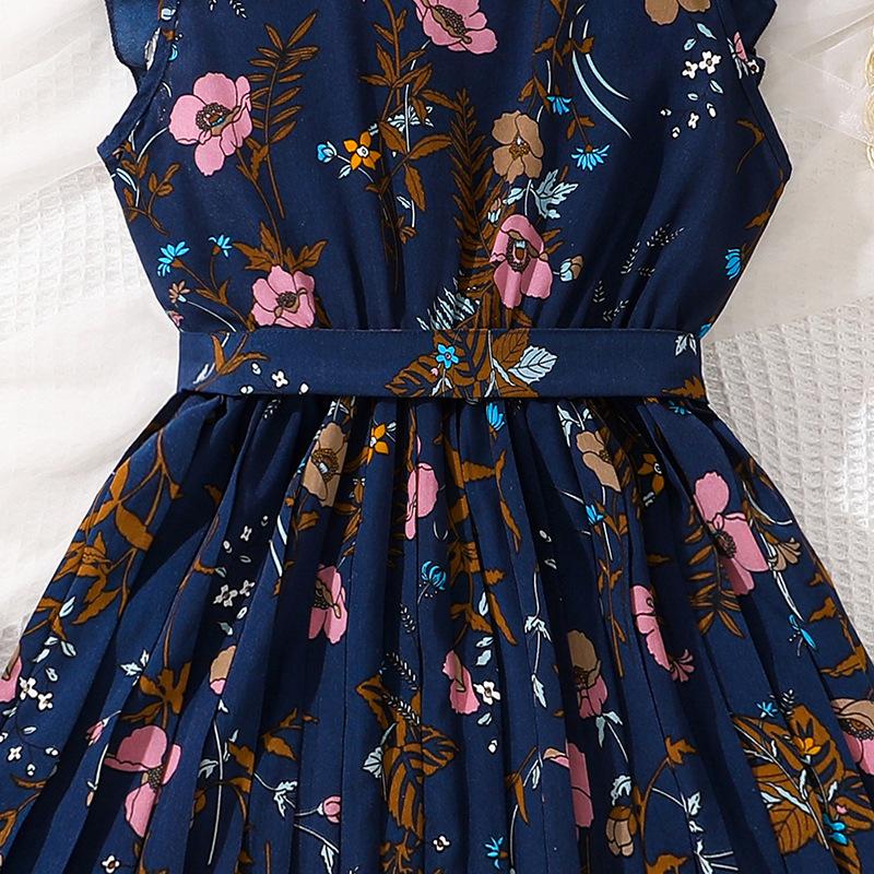 Girls' Dress Children's Clothing Summer Suspender Retro Printed Temperament Pleated Dress