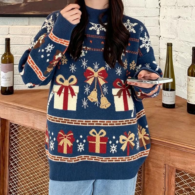 Womens Loose Knit Sweater With Christmas Deer Embroidery Long Sleeve Pullover Winter Holiday Season