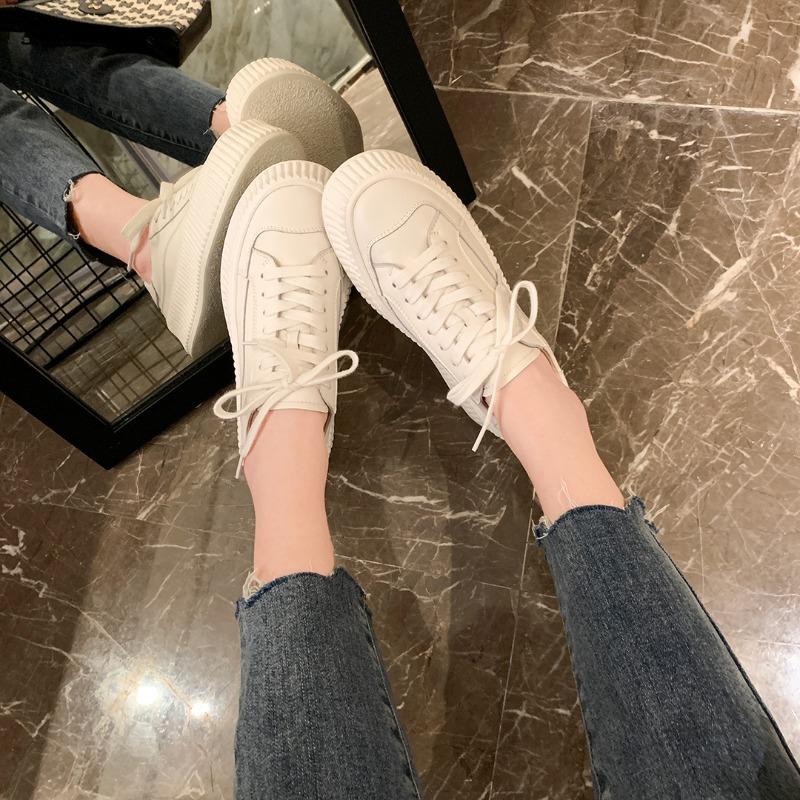 [] Interclass Exercise Field~ Lace-up Leather Round Head Thick Sole Heightening Casual Little White Shoes Women's Board Shoes