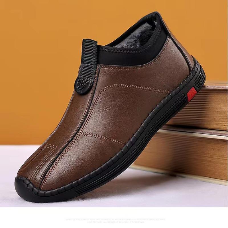 Fashion Men's Casual Leather Shoes Lightweight Non-Slip Soft Bottom Slip-On Fleece Lined Warm Driving Slip-On Shoes Breathable Summer