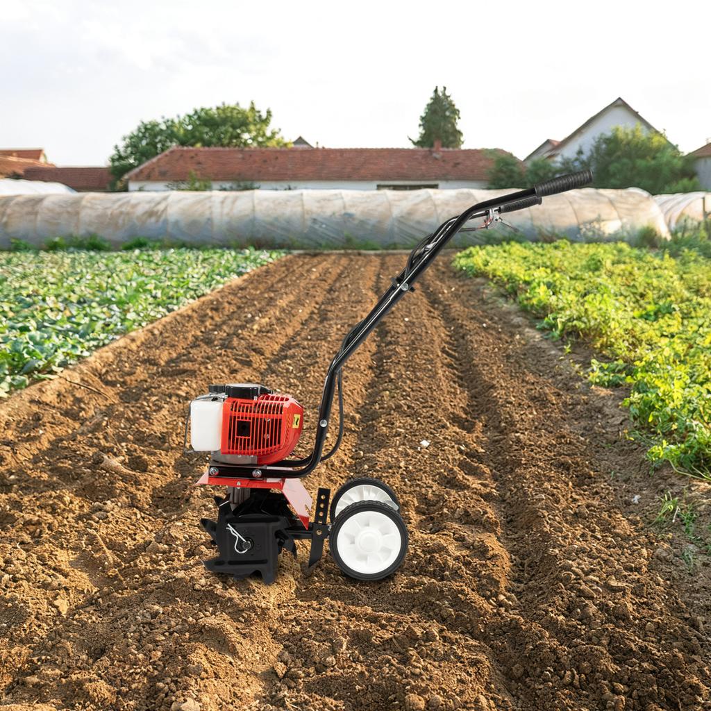 52CC Gas Powered Garden Tiller 2-Stroke Air-Cooled Hand Rotary Cultivator Rototiller for Trenching, Turning Soil, Loosening