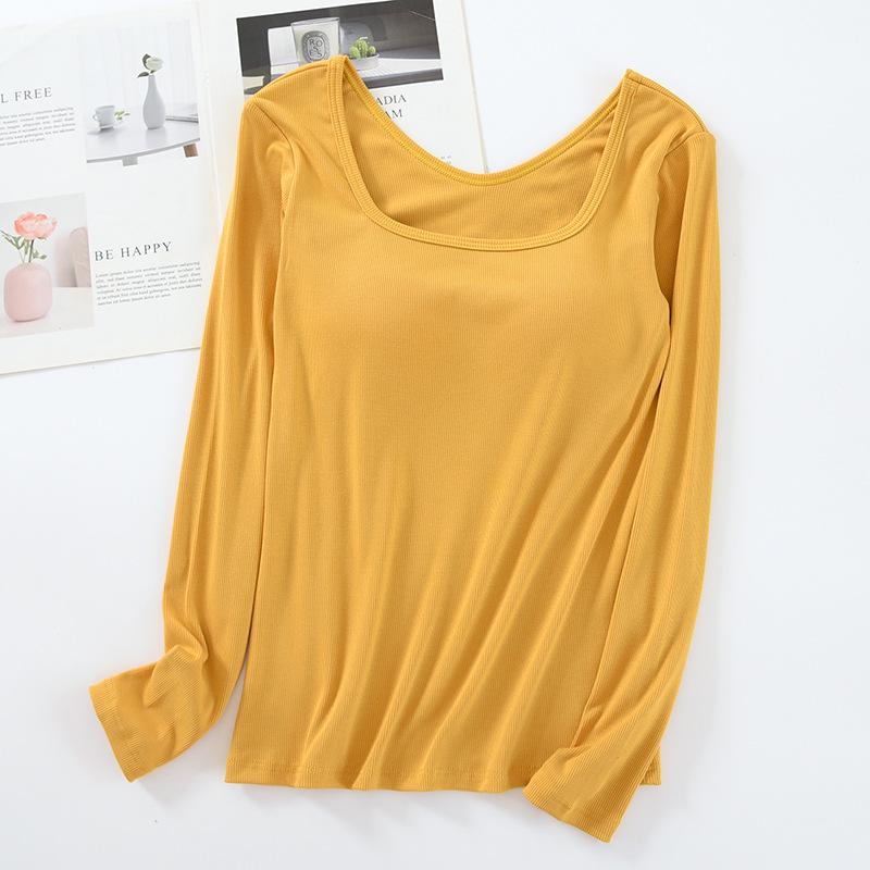 Women's Square Neck Long Sleeve Top with Built-in Bra Pads - Slim Fit for Early Autumn/Spring/Winter