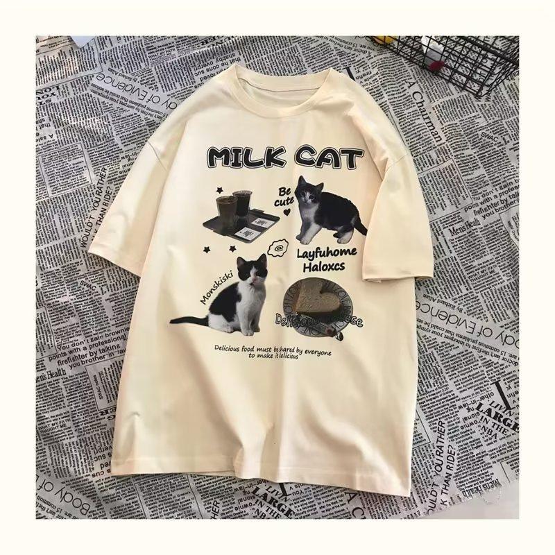 Funny Cat Printed T-shirt for Men and Women The Same Summer China-Chic Five Part Sleeve Cotton Loose Shoulder Sleeve