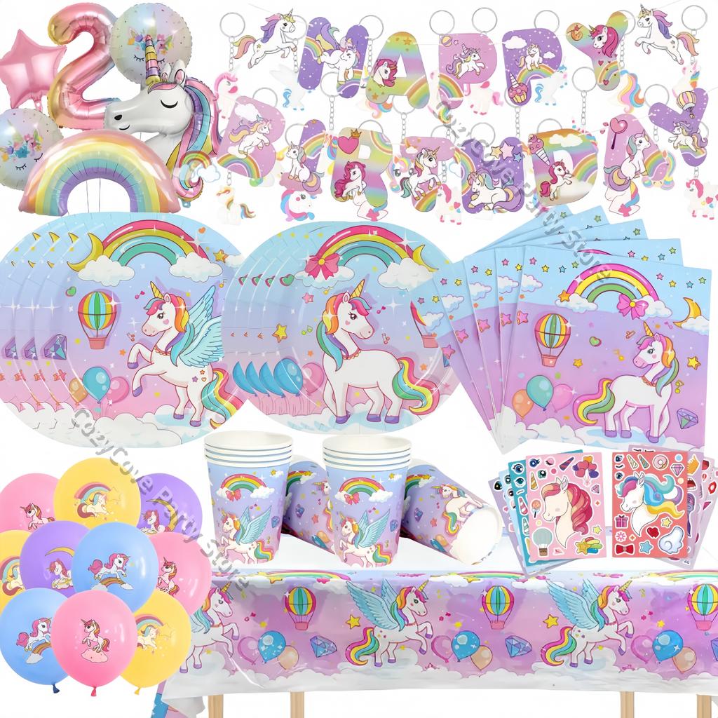 Rainbow Unicorn Birthday Party Decor Unicornio Gifts Tableware Balloons Banner Bracelets Keychain Girls Party Favors Photo Booth
