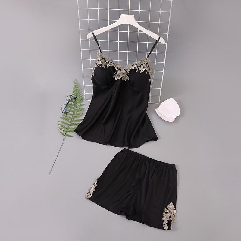 Damski zestaw piżamowy z lodowego jedwabiu i szyfonu 2025: Letnia/Wiosenna Koszulka na Ramiączkach z Wkładkami na Piersi, Cienki Fason, Dwuczęściowy Zestaw do Domu.