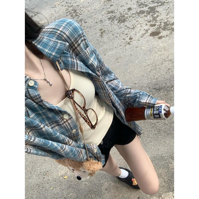 

Ранневесенняя одежда Нарядные топы Ретро клетка Рукав три четверти Свободная рубашка Весенне-осенняя повседневная одежда Стиль преппи Рубашка-пальто Blue S