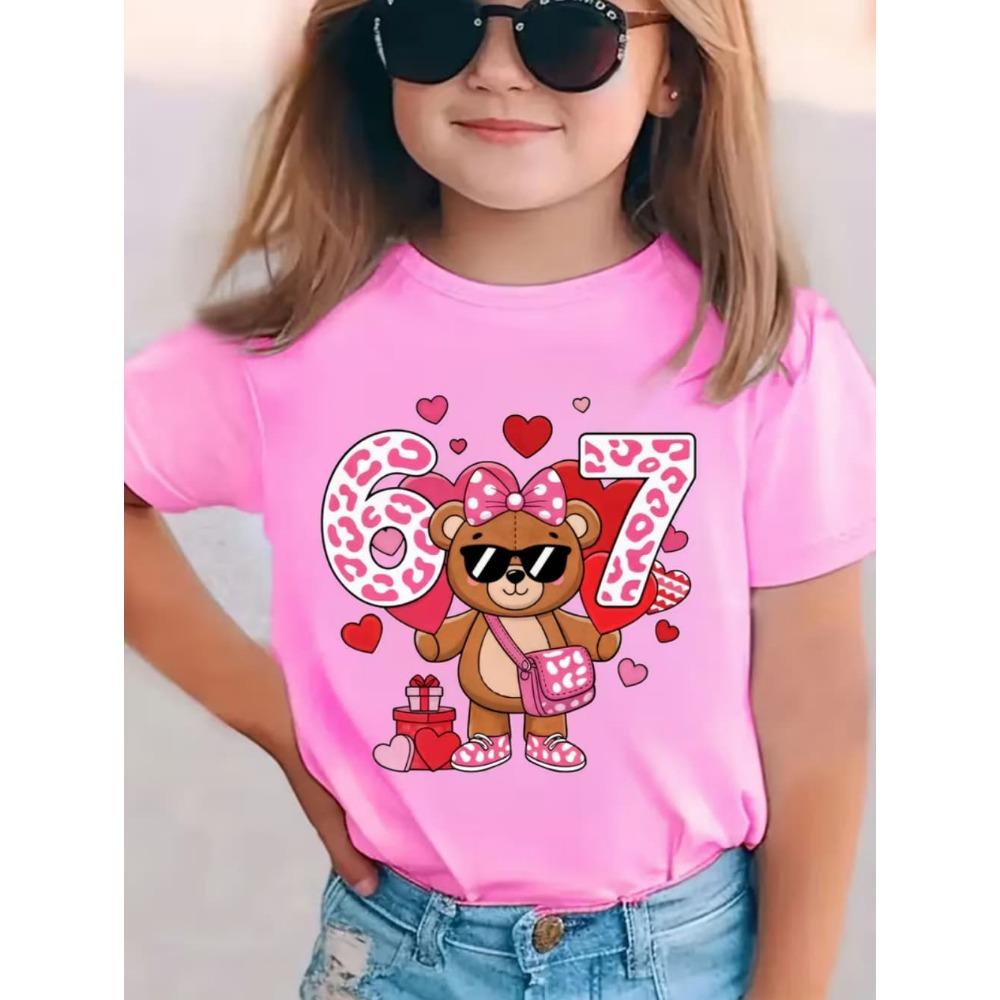Children's Cute Girl T-Shirt Cartoon Bear Digital 67 Print Fashion Round Neck Short Sleeve Top Clothing Gift Children's Clothing