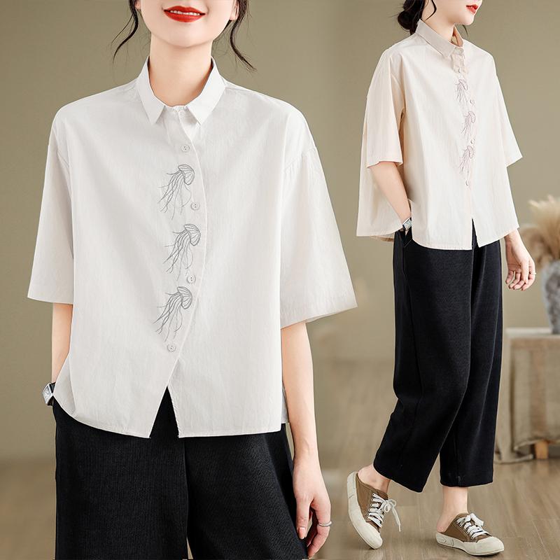 DIMANAF Summer 2026 Women Plus Size New Blouse Shirt Short Sleeve Casual Loose Lady Tops Shirts Cotton Print