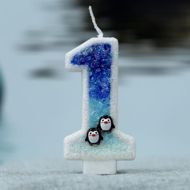 Y Girl's 3D Birthday Candles with Penguin Antarctic Glacier Extended Big 0-9 Number Candle Party Wedding Children's Day Supplies