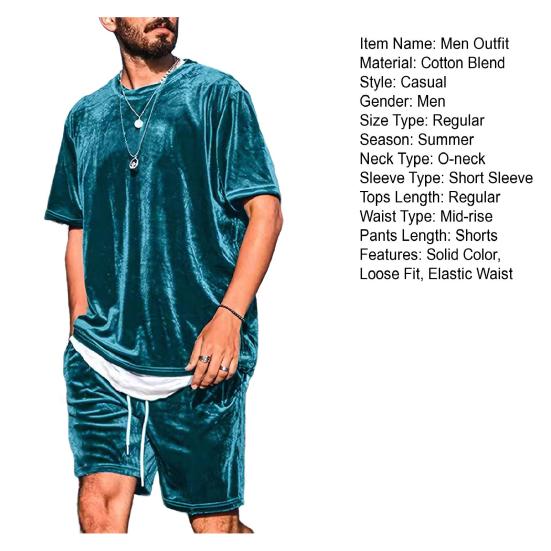 2 ks/sada Pánský outfit Kulatý výstřih Krátký rukáv Topy Stahovací šňůrka v pase Šortky Sada Jednobarevná