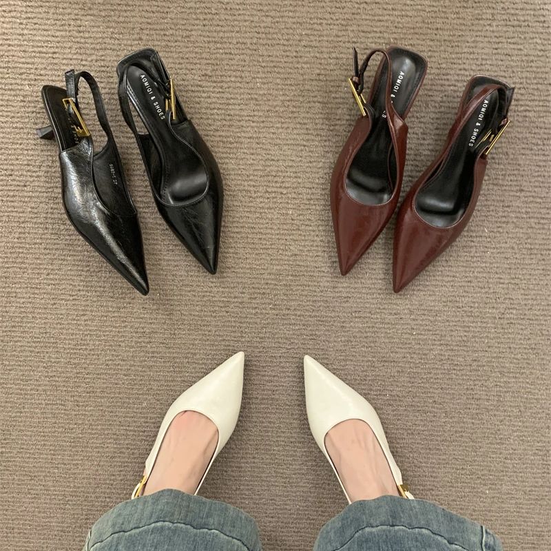 Fashion Bailamos Brand Women Sandals Fashion Pointed Toe Shallow Slip On Ladies Elegant Slingback Shoes Med Heel Pumps Shoes