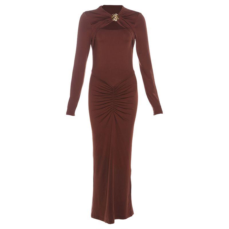 

# Sisjuly# Fashion Modern Go-Getter Girl Style Rose Decoration Cut Out Ruched Design Sexy Long Sleeves Dress Female Brown S