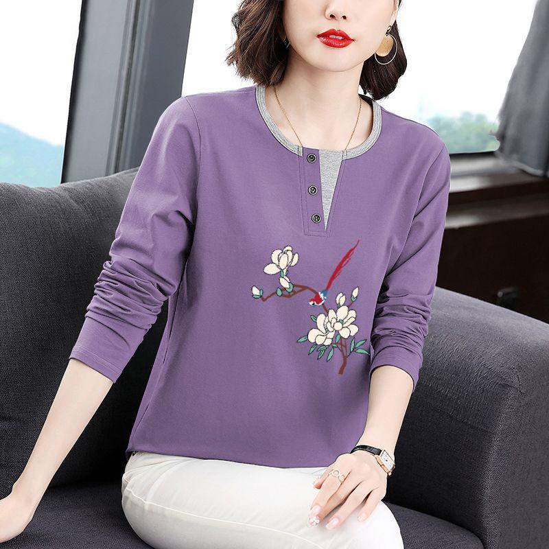Spring and Autumn New Long Sleeve T-shirt Splicing Printed Loose Bottom Top
