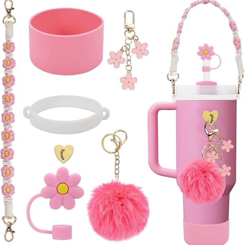 Straw Cap Silicone Insulated Cup Sleeve with Handheld Rope & Flower Pompon Pendant Set