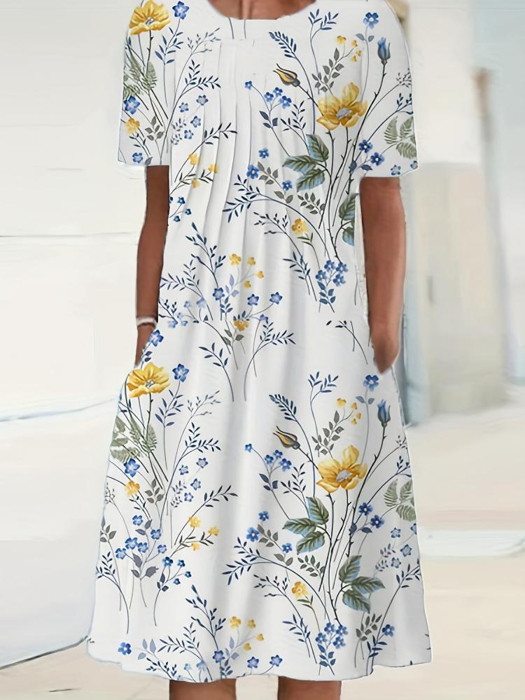 Summer Casual Retro Pleated Printed Beach Skirt Women Long Style Large Skirt Hem Elegant Female Vintage Round Neck Short Sleeved Ladies Party Dress