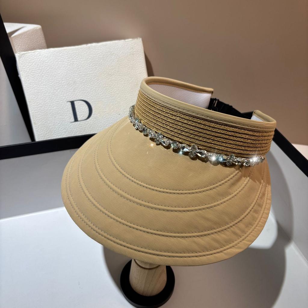 Luxury Rhinstone Sunscreen Panama Summer Women Empty Top Sun Hat Large Brim Outdoor UV Protection Beach Sunshade Cap