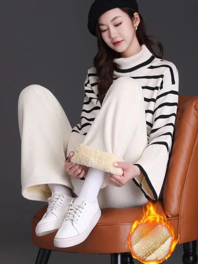 Zimní fleece podšité široké kalhoty pro volný čas Silné teplé pytlovité tepláky Dámské Korejské Lamb Fluff Rovné kalhoty s vysokým pasem