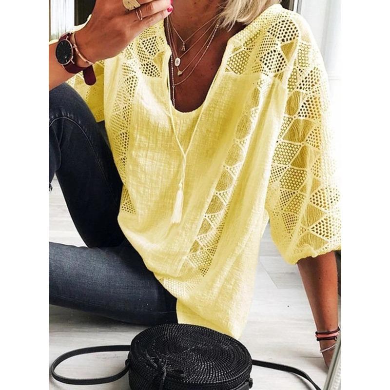 BITCED Women's Fashion Casual Solid Color Print 3/4 Sleeves V Neck Blouses & Shirts