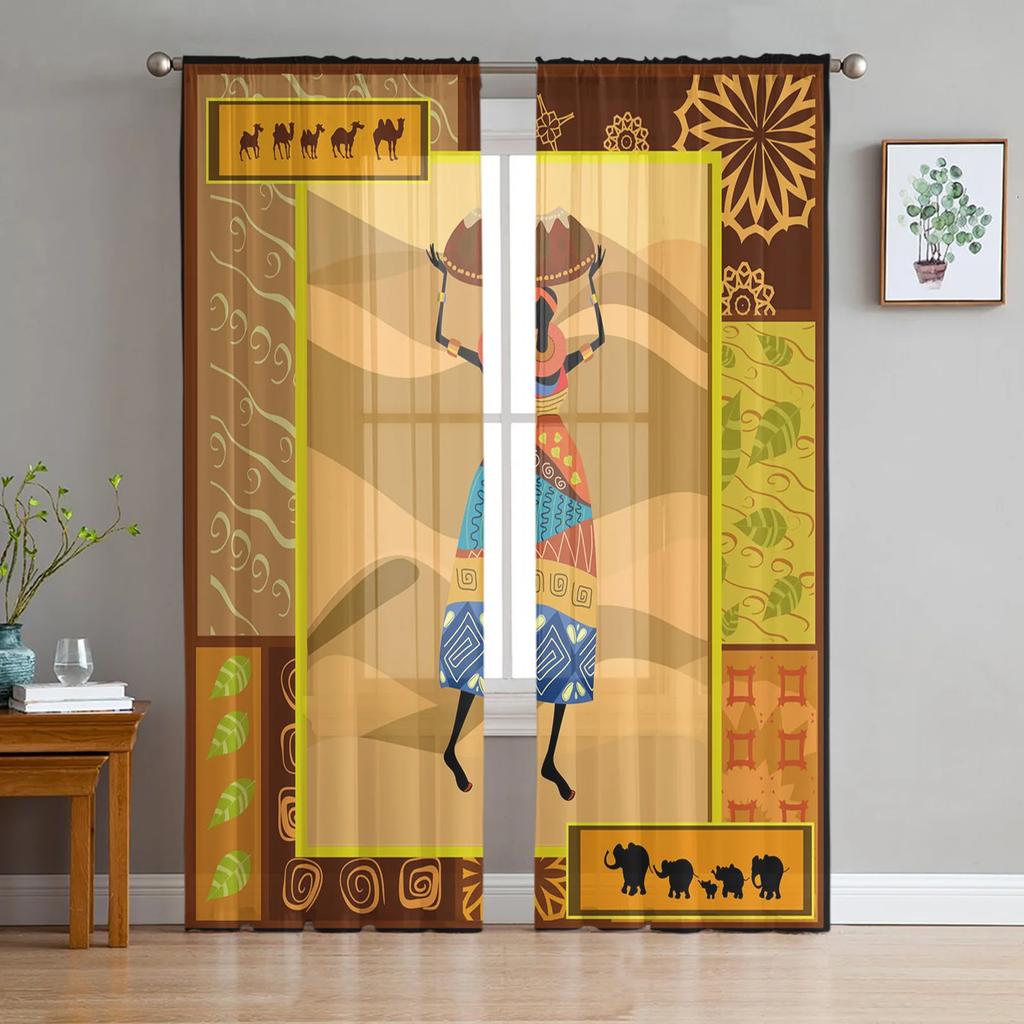 African Woman Yoga Vase Silhouette White Tulle Sheer Window Curtains for Living Room Bedroom Voile Organza Curtains Drapes