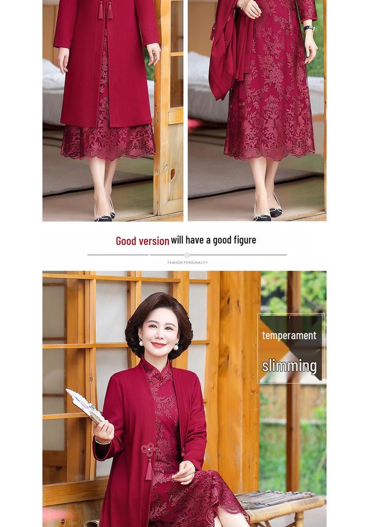 Elegant Midi-Length Two-Piece Cheongsam Dress for Mothers-in-Law - Spring/Autumn Style