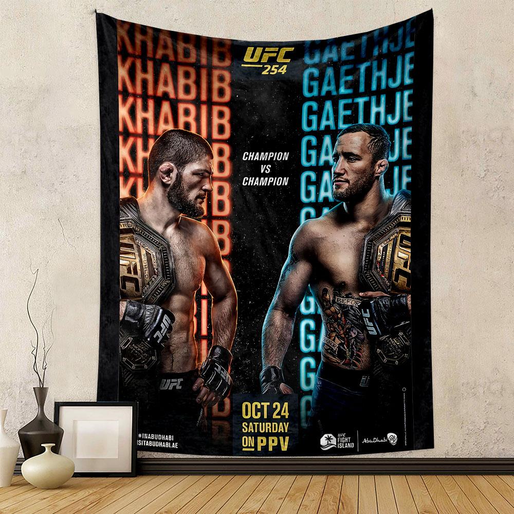 Two fighters face each other with their names repeated as background text. Patterned tapestry for bedroom and living room home decor