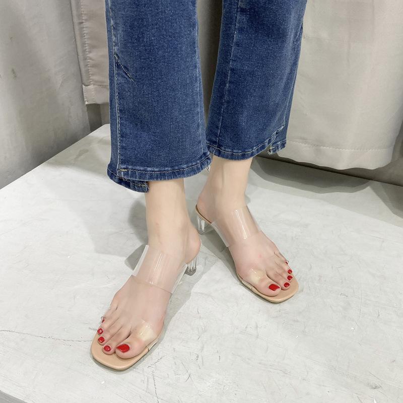 One-word high-heeled women's sandals, new thick-heeled transparent medium-heeled crystal cool slippers in summer 2025, thick-heeled heel increased