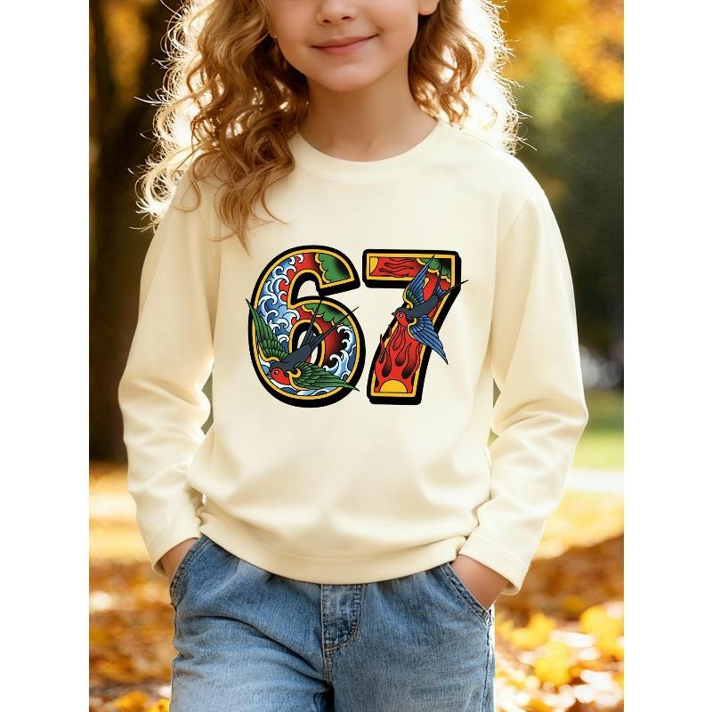 Unisex Kids White Long Sleeve Tee For 4-12 Boys Girls Traditional Old School Tattoo Style Number 67 Swallow Wave Fire Vintage Print Long Sleeve Top