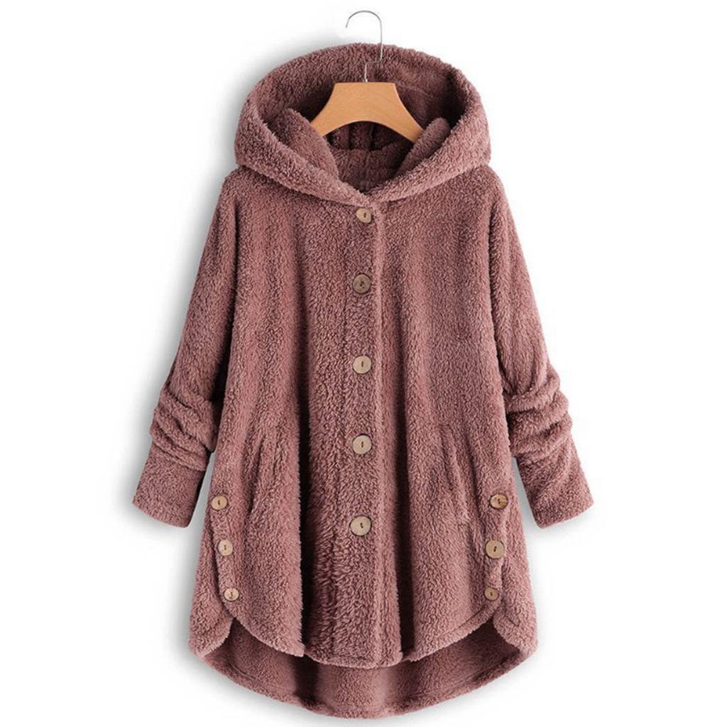 Women's Fashion Solid Color Button Hooded Plush Loose Casual Jacket