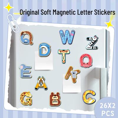 52-Piece Set of Soft Magnetic Animal Alphabet Stickers for Early Education - Cute and Creative Refrigerator Magnets for Kids