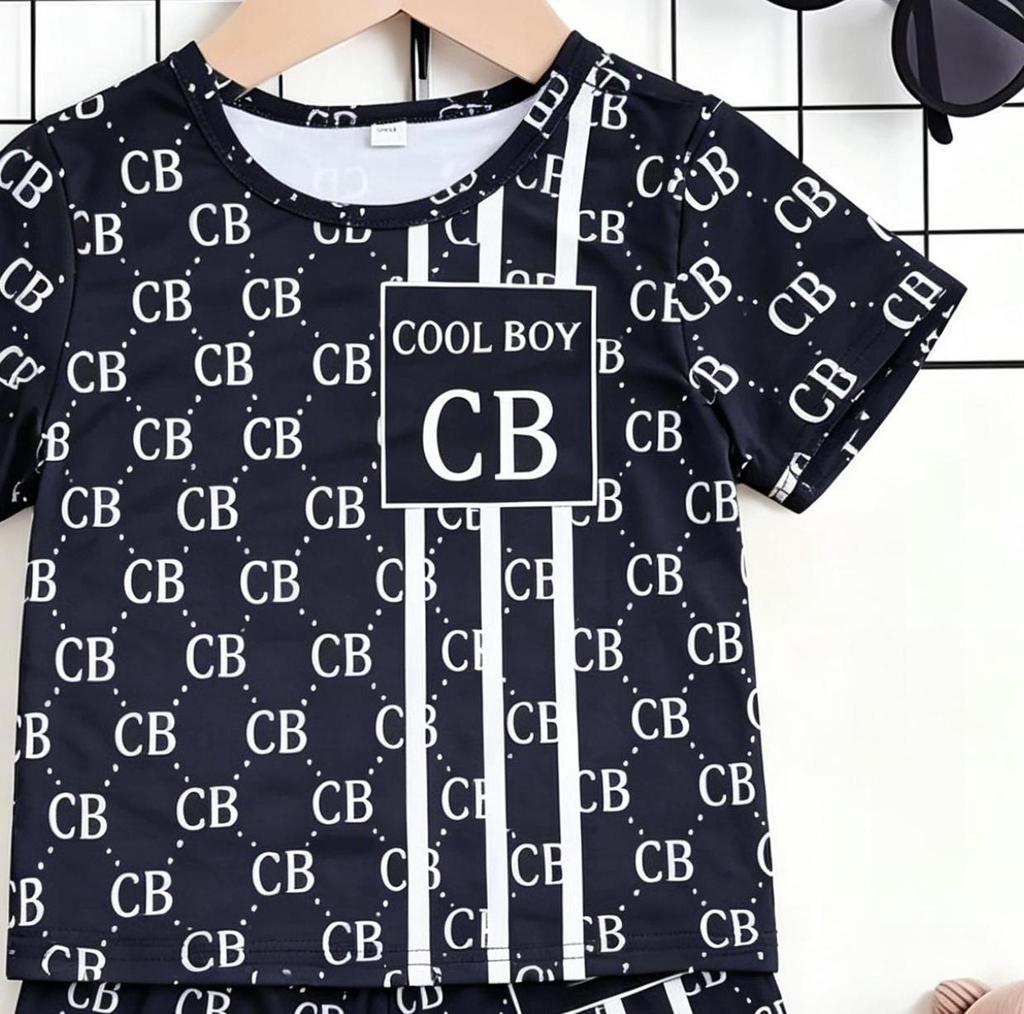 Toddler Boys Cool CB Monogram Print 2-Piece Outfit, Summer Navy Casual Clothes for Kids, Perfect for Playwear & Outdoor